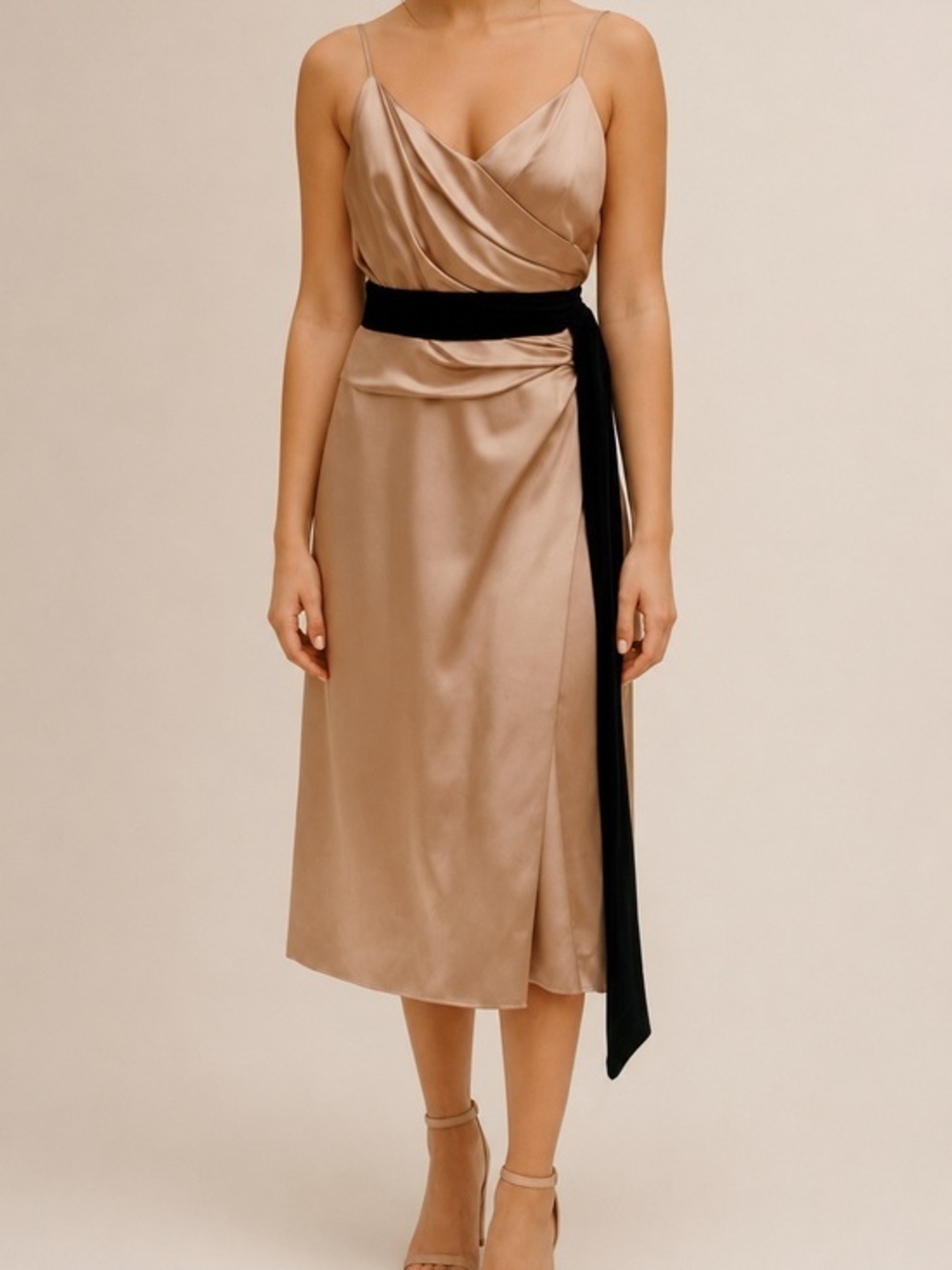 Vera Wang Maids Taupe Tea Length Sleeveless Waist Tie Formal Bridesmaid Dress